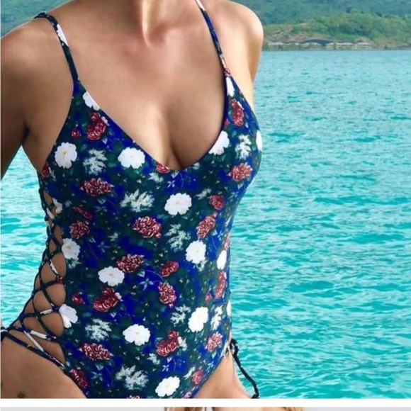 Rachel Roy women’s size Large blue floral side Lace up one piece swimsuit - Picture 1 of 8